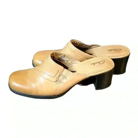 Clarks Leather Mules Size 8 Tan Slip On Block Heel Clogs Y2K Comfort Shoe - Picture 10 of 10